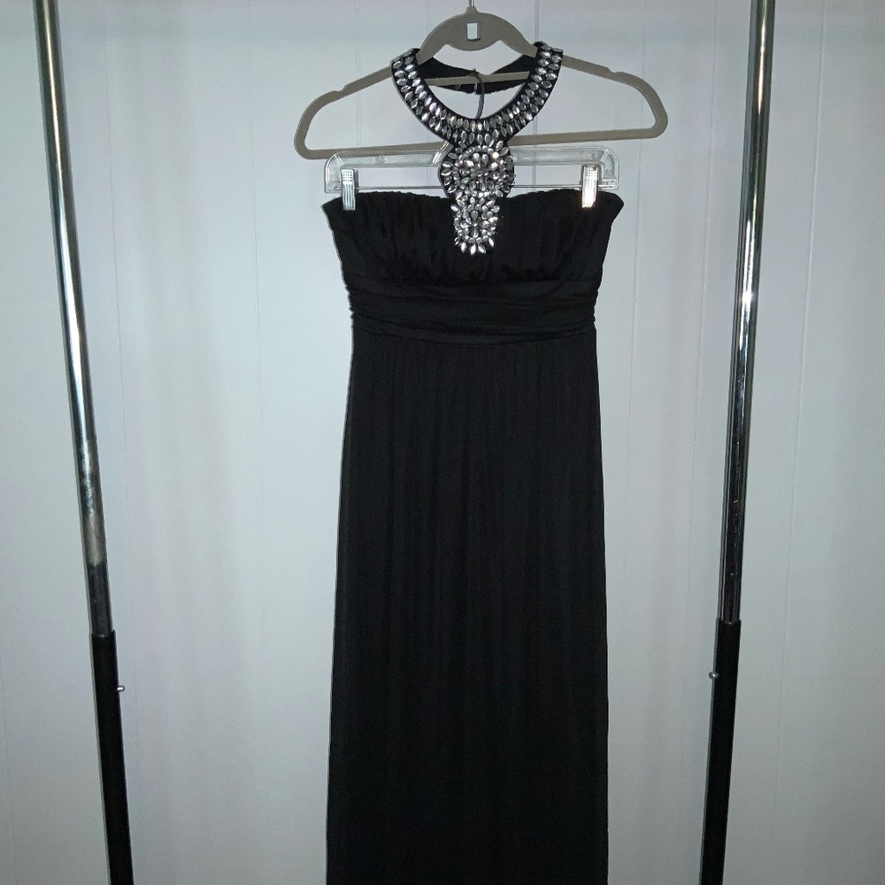 Jodi Kristopher Rhinestone halter neckline formal dress Sz 5 ruched bodice